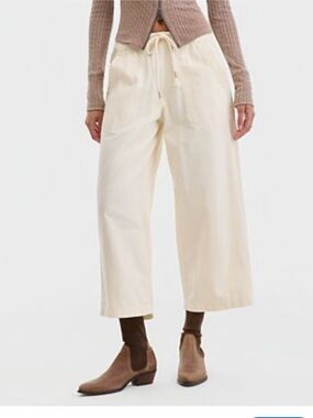 KENSIE Baggy Wide Leg Cream Jeans 14/32 Cropped Drawstring Coastal Soft Neutral